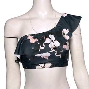 Albion Fit Swim Icon Wave Crop Top Orchid Print Size S Green Ruffle One Shoulder